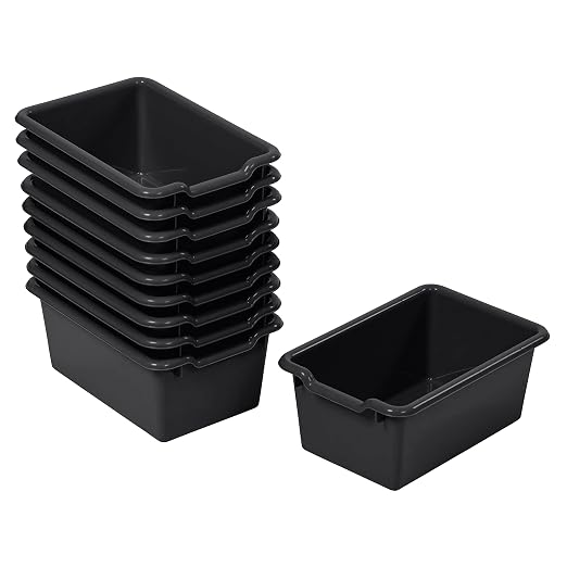 ECR4Kids Scoop Front Storage Bins, Multipurpose Organization, Black, 10-Piece | Durable plastic, GREENGUARD Gold Certified, 1.2 gallon capacity, lightweight & nestable, built-in handle, classroom/home use