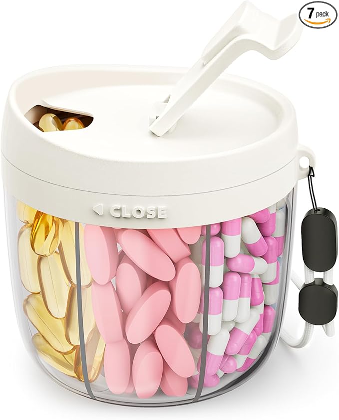 AMOOS Cute Pill Dispenser with Anti-Mix Design, 7-Slot, BPA-Free, Patented | Portable Travel Pill Organizer, Wide Mouth for Easy Access, Pill Bottle Organizer for Vitamins, Fish Oils, Supplements, White