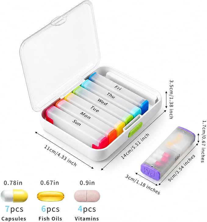 Large Pill Containers 7 Day 2 Times A Day AM/PM for Daily Supplements | Rainbow Large Pill Box,Travel Pill Case for Fish Oil Vitamins Medication,Portable,Water-proof,Lockable