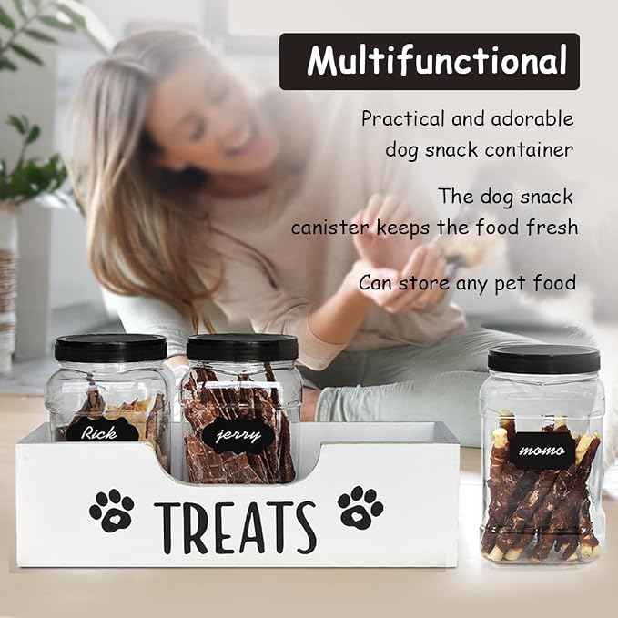 Dog Treat Container for Countertop, Pet Snack Storage Box Includes 3 Treat Jar & Wooden Pet Treat Container Pet Food Organizer For Puppy Airtight Dog Treat Storage With Lids