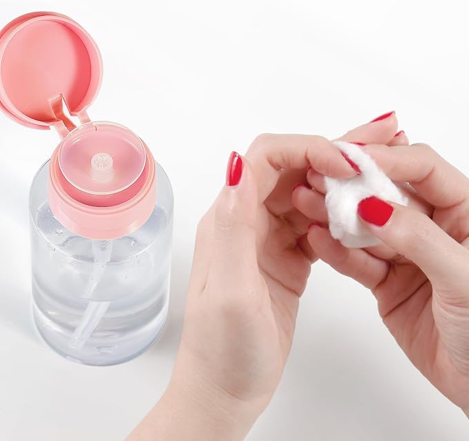 Nail Polish Remover Pump Dispenser, 2 Pack Acetone Safe ABS Bottle with Lockable Flip Cap - 200ml (6.8oz) Empty Push Down Container for Alcohol, Toner & Makeup Remover (Clear Pink, 200ml, 2 Pack)