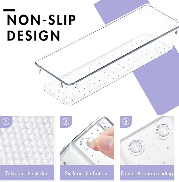 HOUSE DAY Desk Drawer Organizer Bins 8 PCS, 9*3*2" Clear Drawer Organizers with Silicone Pads, Vanity Organizers and Storage, Non Slip Plastic Drawer Organizer for Makeup, Bathroom, Kitchen, Office