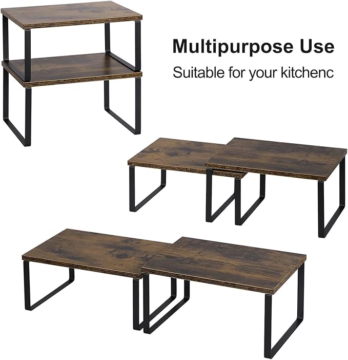 NEX Kitchen Cabinet and Counter Shelf Organizer, Shelf Riser for Pantry Countertop Cupboard Desk Top, Stackable & Expandable, Set of 4, Black and Rustic Brown | Stackable & Expandable Spice Rack, Space-Saving Pantry Organizers Bathroom Countertop Stora...