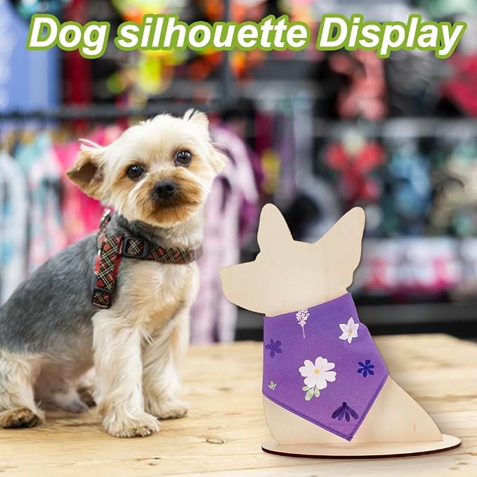 AHANDMAKER Dog Silhouette Display Stand, Wooden Pet Bib Scarf Bandana Display Holder for Pet Boutique Craft Show Photography Props Blank Dog Shape Mannequin Stand for Collar Bib Display Store Booth (11.8" Tall)