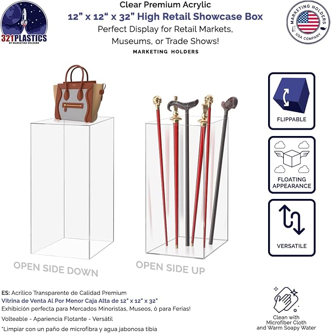 Clear Acrylic Display Riser 12" x 12" x 32" No Lid Platform Display Art Sculpture Flower Pedestal Collectible Cube Acrylic Showcase Stand Expo Event Wedding Reception by Marketing Holders