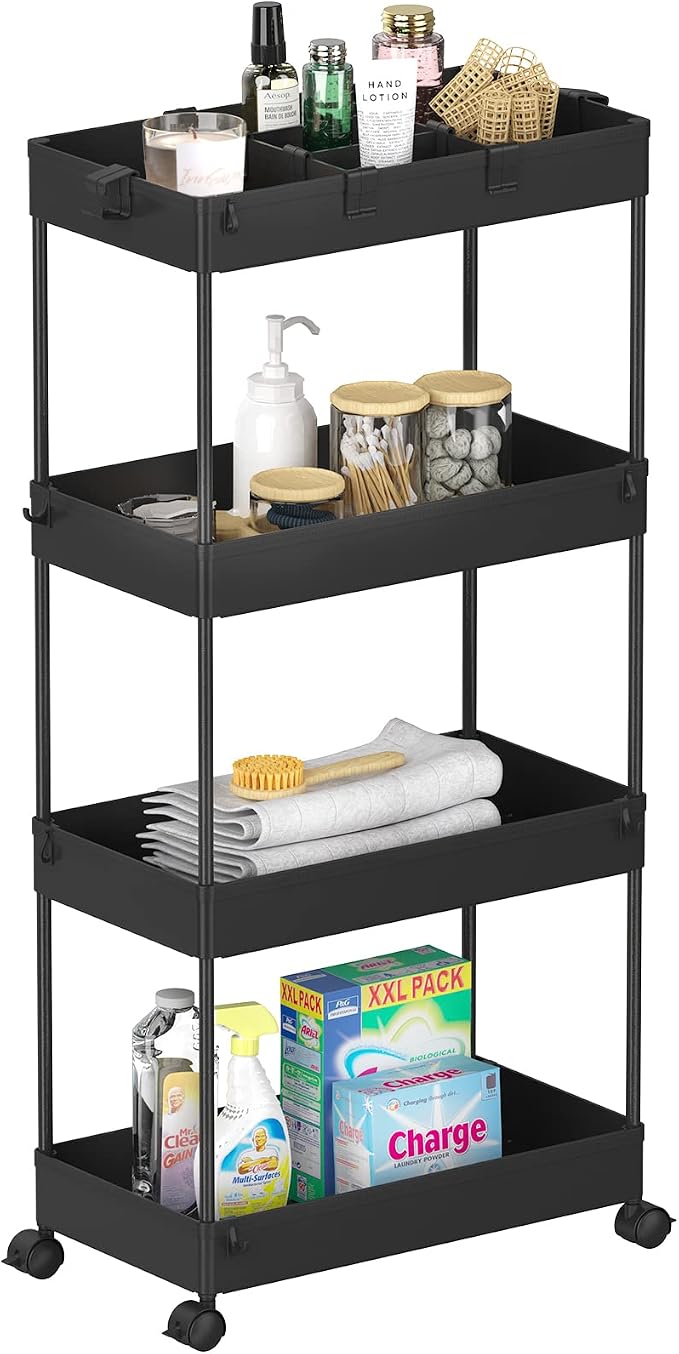4 Tier Rolling Cart with Wheels, Storage Craft Art Trolley Organizer Serving, 3 Hanging Baskets Easy Assembly, for Office, Living Room, Kitchen