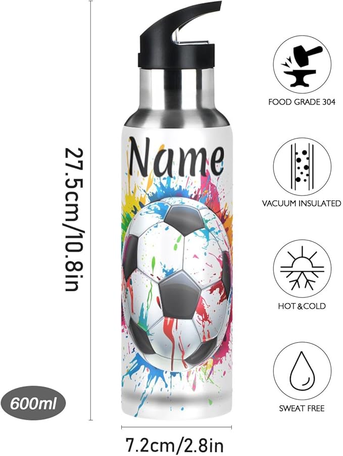 Custom Name Soccer Ball Colorful Water Bottle with Straw Lid Kids Insulated Stainless Steel Water Flask Sports, 20 Oz Hot Cold