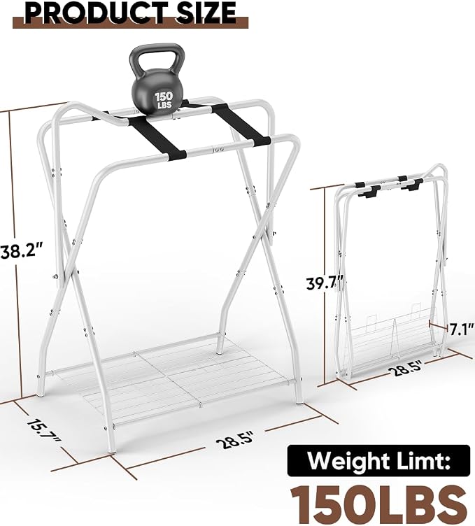 Queension Foldable Saddle Rack with Bottom Storage for Horse Stable, White | Portable Horse Saddle Stand for English & Western Saddles, Saddle Pad Rack for Horse tack, Horses Blanket