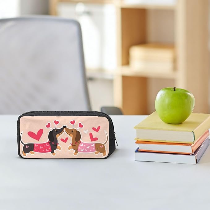 Dachshund Dogs Kiss Heart Large Pencil Case, Durable Pen Bag Zipper Organizer Pouch for Office Travel for Women Men