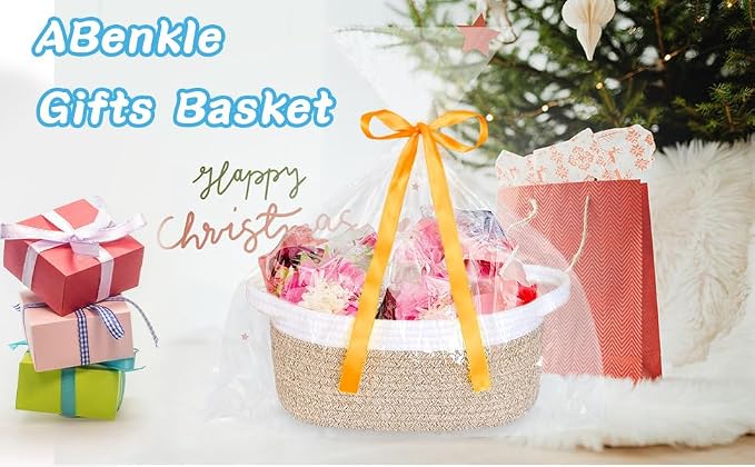 ABenkle Small Basket Empty Gift Basket, Decorative Boho Rope Woven Nursery Storage Organizer Dog Toy Baskets for Baby Showers Christmas Easter with Gift Bags and Ribbons, 12"X 8" X 5"