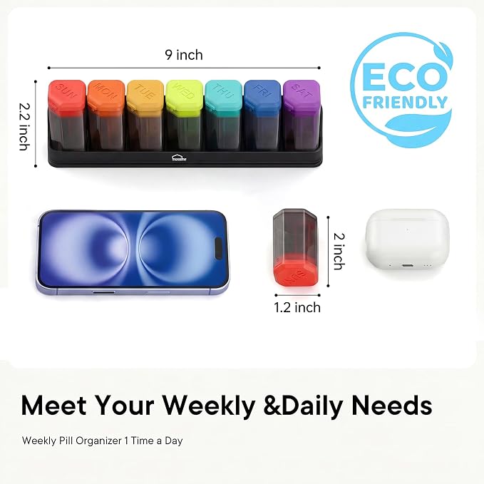 Medium-Large Weekly Pill Organizer 1 Time a Day, Multi-Colored | BPA-Free, Spill-Resistant, Detachable 1-a-Day Boxes, for Vitamins & Medication, Travel-Friendly, Velvet Pouch