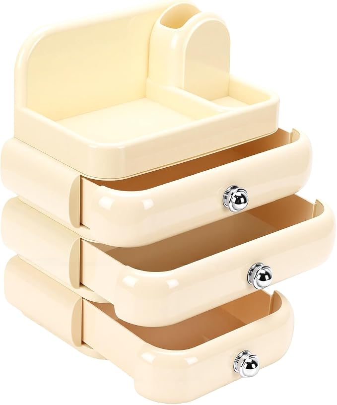 Yosoo Desktop Makeup Organizer with 3 Drawers Top Tray Dust Guard for Cosmetic Brushes Lipstick Skincare Storage (White)