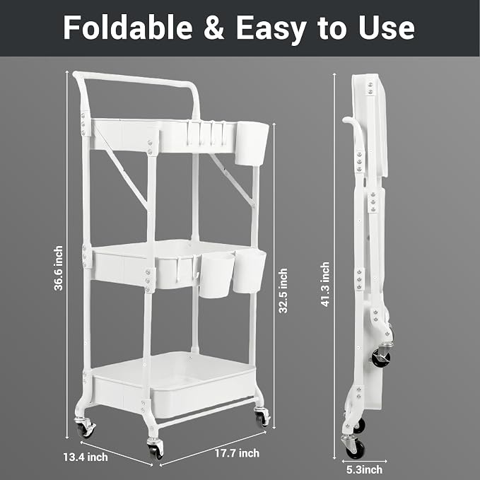 Amatic 3-Tier Folding Rolling Utility Cart with Wheels, Foldable Storage Cart Organizer with 3 Hanging Cups & 6 Hooks for Kitchen, Office, Living Room, Nursery(White)
