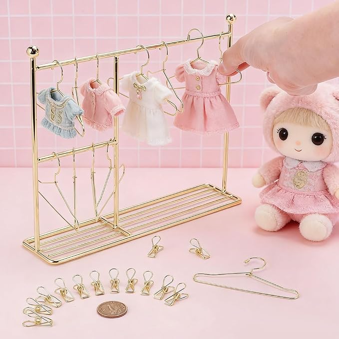Miniature Garment Rack Kit 9.8x2.4x7.5 Miniature Clothes Rack with 12 Mini Hangers Dollhouse Clothes Rack Mini Iron Garment Organizer for Dollhouse Wardrobe Gown Dress Outfit