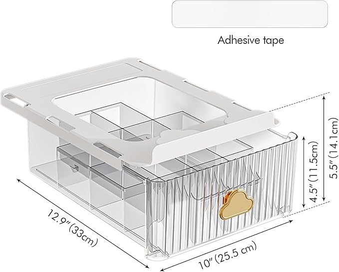 Under Shelf Drawer Pull Out Under Cabinet Storage, Clear Organizer for Closet Shelves with 16 Cells Detachable Divider, Self-Stick Under Table Drawer for Cabinet