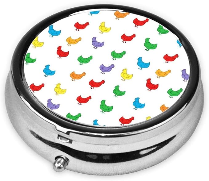 Portable Pill Organizer, Hens Chicken Rainbow Round Cute Container, Mini Case for Vitamins, Travel Holder Purse Use for Women