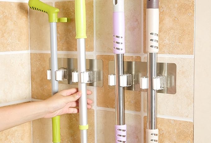 BCDlily Wall Mounted Mop Hanger Organizer Mop and Broom Holder Brush Storage Rack Kitchen Tool (White)