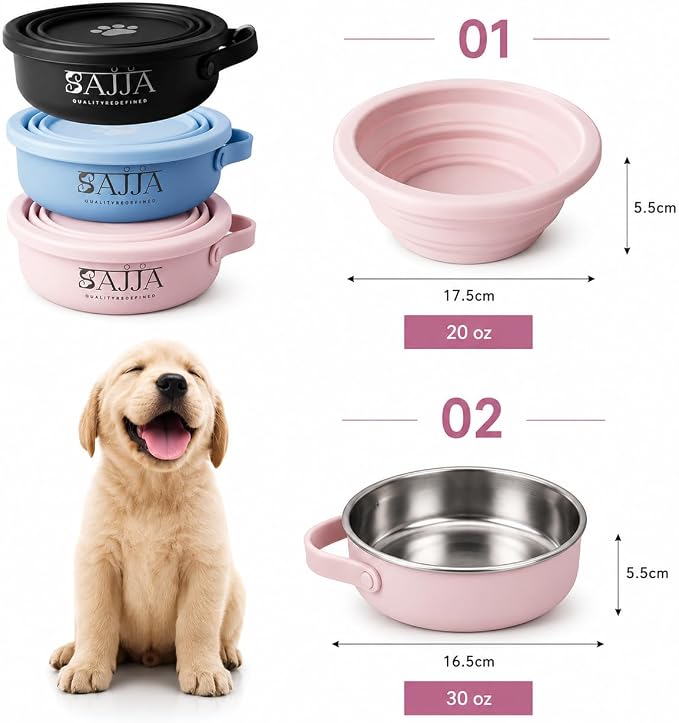 Pink Slow Feeder Travel Dog Bowl Set – 30oz Stainless Steel + 20oz Collapsible Silicone Dish + Silicone Slow Feeder Insert | Water Bottle Holder | Non-Slip, Anti-Choking, BPA-Free – Claim