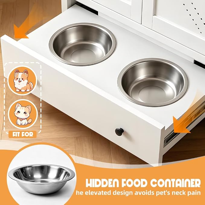 Dog Feeding Station with Storage Cabinet, Metal Pet Feeding Station with Storage, Dog Food Storage Cabinet with 2 Elevated Stainless Steel Bowls, Pet Food Cabinet Organizer, White