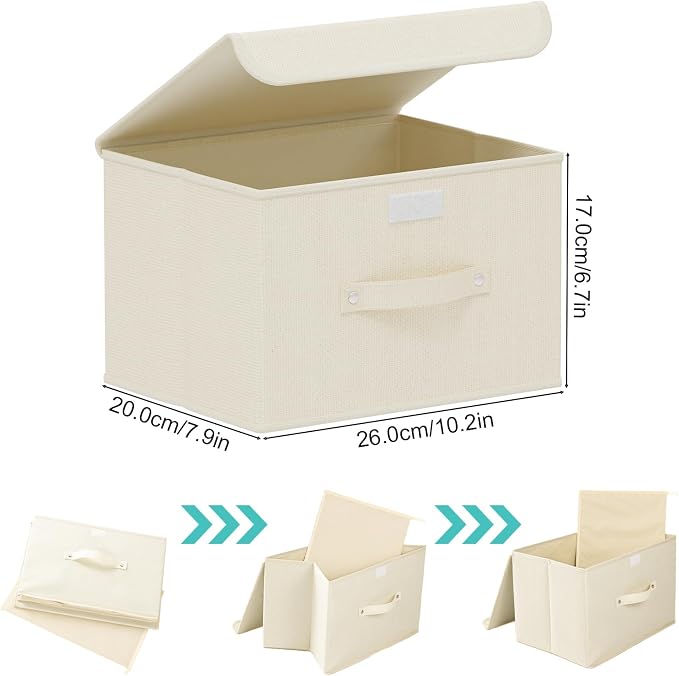 Cloth Storage Baskets with Handles,Beige 10.2x7.9x6.7in,1 Pack | Storage Boxes with Flip-Top Lids,Washable PP Panel Cube Drawer Organizers,Collapsible Underwear Divider Bins for Home