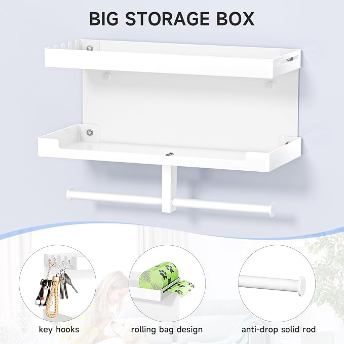 Dog Leash Holder for Wall, Leashes Hanger, Wall Mounted Dog Stuff Storage and Organizer, Metal Key Holder Pet Leash Hooks for Leashes, Training Treats, Chew Toys, Keys, Large (White)