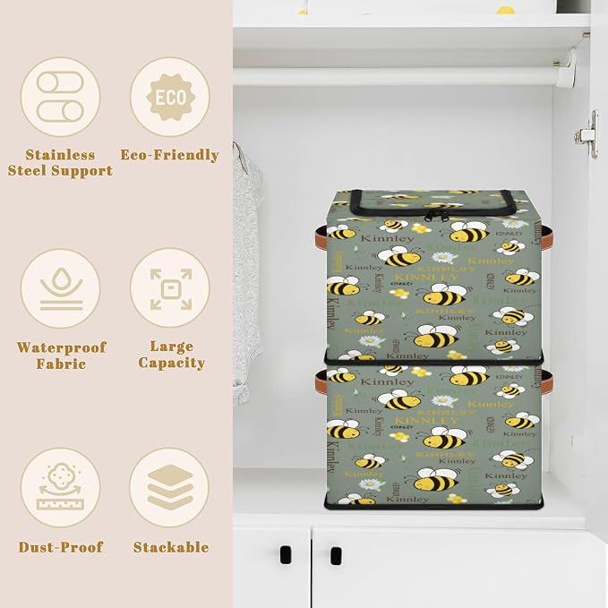 Custom Storage Baskets for Home with Name, Cartoon Bee with Daisy Floral Dark Matcha Green Large Foldable Organizer Collapsible Storage Bin with Zipper Lid Handle for Toys Closet Nursery