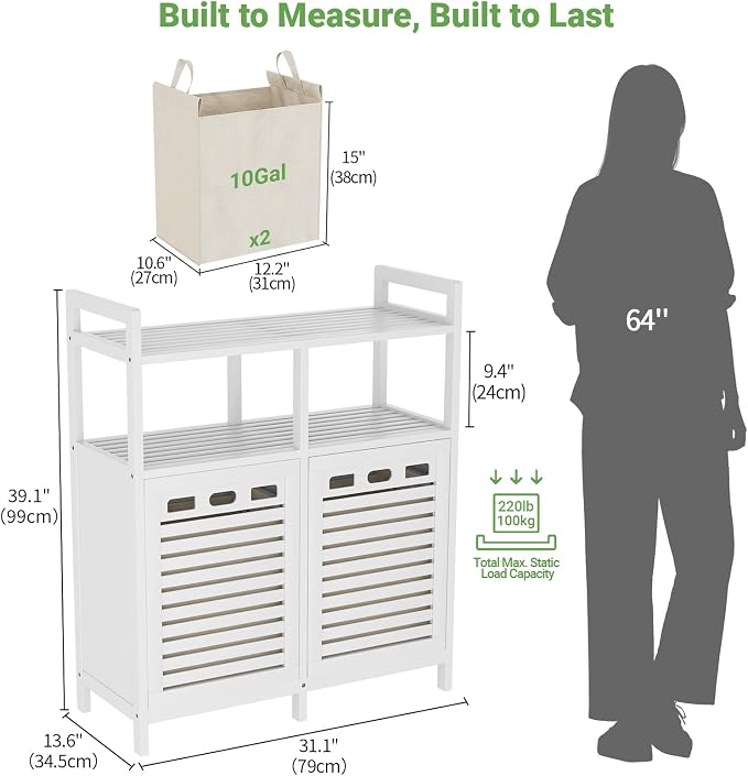 Homykic Tilt Out Laundry Hamper Cabinet, Bamboo Laundry Organizer, White | 20 Gal Laundry Sorter with 2 Removable Liner Bags, Hidden Clothes Hamper with Shelf for Laundry Room, Bathroom, Closet
