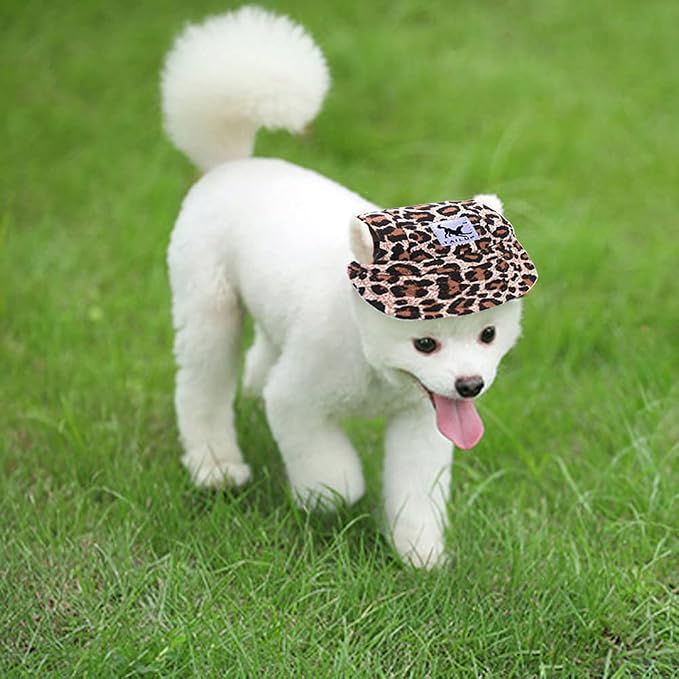 Leconpet Baseball Caps Hats with Neck Strap Adjustable Comfortable Ear Holes for Small Medium and Large Dogs in Outdoor Sun Protection (M, Leopard)