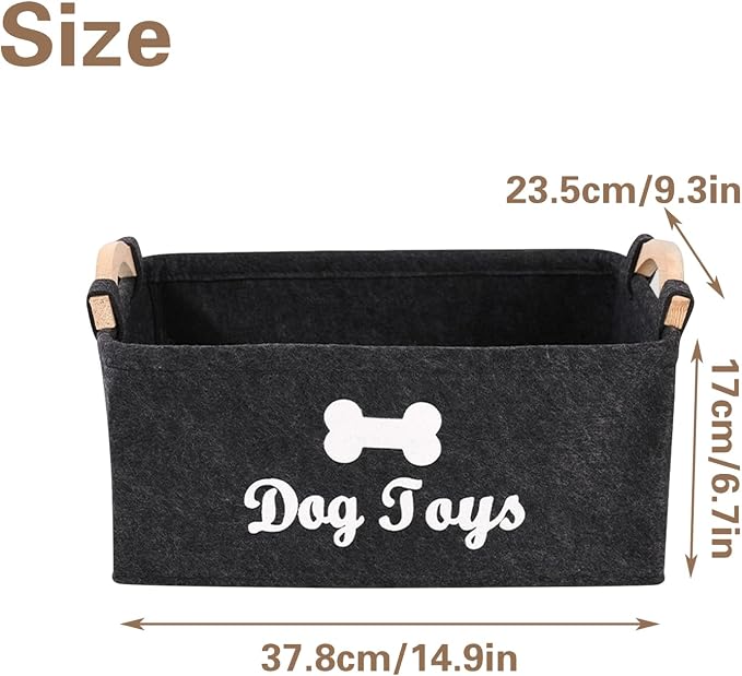 Collapsible Fabric Dog Toy Box, Pet Toy Basket with Wooden Handle, Grey Pet Supplies Storage Bin for Toys, Leashes, Blankets, 15" x 10" x 7''