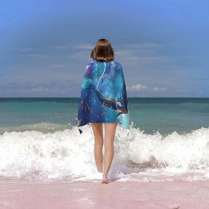 Mermaid Beach Towel 31inx51in, Underwater Sand-Free Microfiber Bath Towel Ultra Soft Quick Dry Pool Towel Absorbent Towel Lightweight Towel for Swimming Bathroom Decor