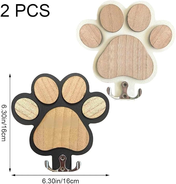 2 Pcs Wooden Paw Print Pet Leash Hook, Dog Leash Holder Wall Mounted Wooden Pet Organizer Double Hook for Dog Collars Entryway Accessories