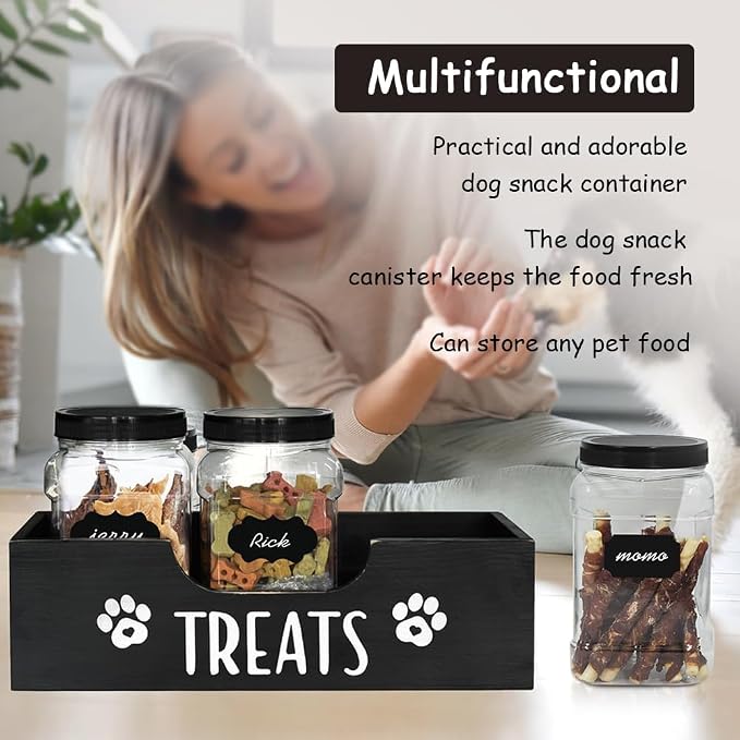 Dog Treat Container for Countertop, Pet Snack Storage Box Includes 3 Treat Jar & Wooden Pet Treat Container Pet Food Organizer For Puppy Airtight Dog Treat Storage With Lids