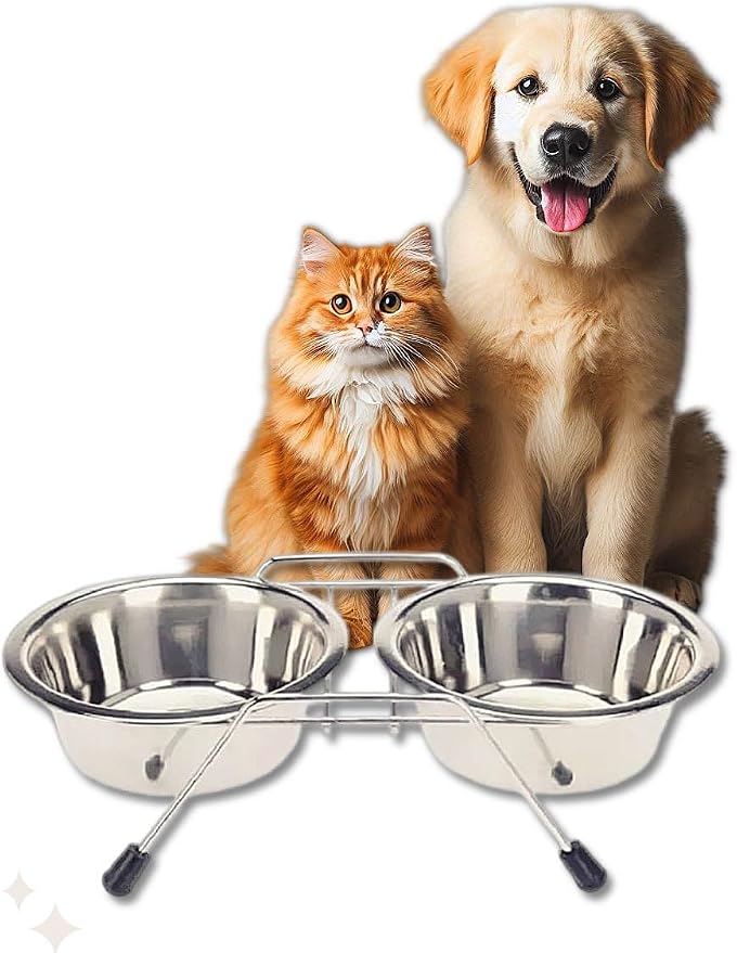 Pet Bowls for Dogs and Cats, with 2 Bowls, Iron Stand Base, Double Bowl Stand, Two Steel Removable (7oz)