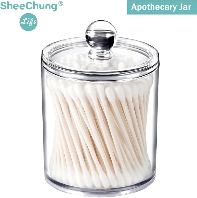 SheeChung 6 Pack Acrylic Qtip Holder with Labels, Qtip Jars for Bathroom | (3) 10oz & (3) 12oz Qtip Holder Set Shatterproof Bathroom Vanity Organizer for Cotton Swabs, Balls, Pads - Minimalist Decor