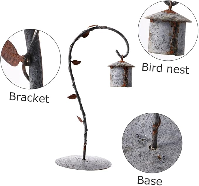 Micro Landscape Iron Wrought Bird Hut with Hanging Hook Retro Rust Desktop Stand for Miniature Decor for Home Garden and Candle Display Light Grey