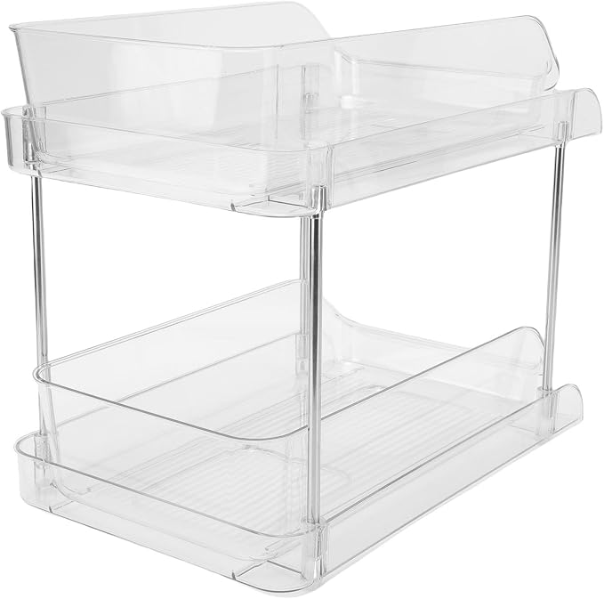Under Sink Pull Out Organizer 2 Tier | Transparent Acrylic Shelves for Easy Viewing | Stackable Storage for Bathroom/Kitchen/Pantry | 2 Baskets, No Tools Needed