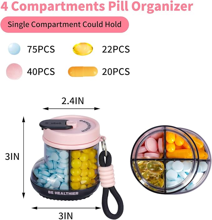 KIGI Travel Pill Organizer, Small Pill Dispenser with 4 Compartments, Portable Vitamins Organizer with Handle