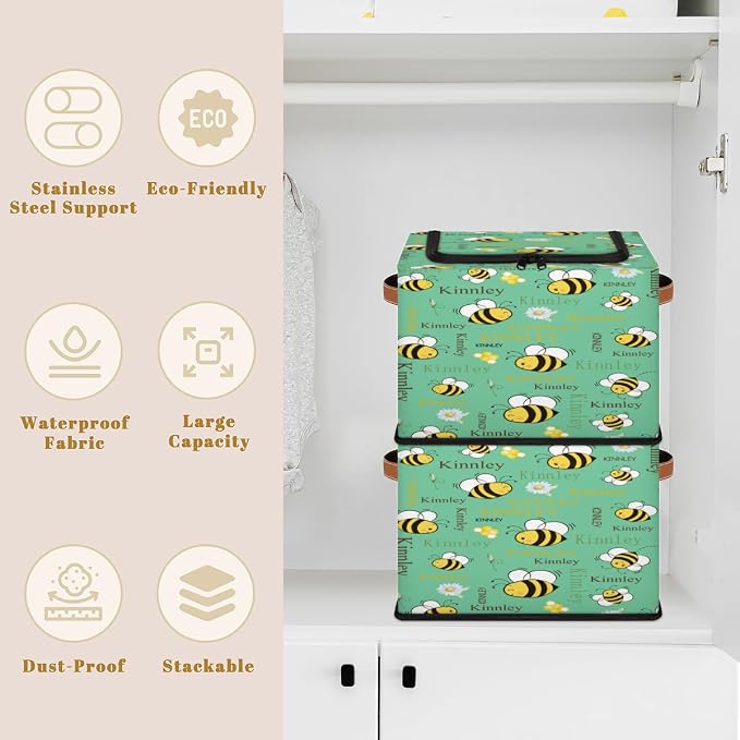 Personalized Black Storage Basket with Name, Mint Green, Bee with Daisy Floral Zipper Lid Laundy Hamper Dirty Clothes Pet Toys Storage Bin with Handles for Shelf Home Closet Kitchen