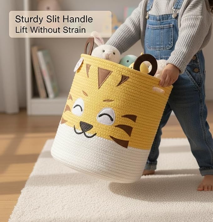 Storage Basket | 25L Woven Cotton Rope Bin with Tiger Design, Cutout Handles | Foldable & Decorative Home Storage Organizer for Laundry, Clothes & Household Items | Multi-Purpose Storage (Tiger)