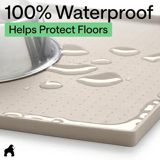GORILLA GRIP 100% Waterproof Raised Edge BPA Free Silicone Pet Feeding Mat, Dog Cat Food Mats Contain Spills Protects Floors, Placemats for Cats and Dogs Water Bowl, Pets Accessories 26x17 Beige