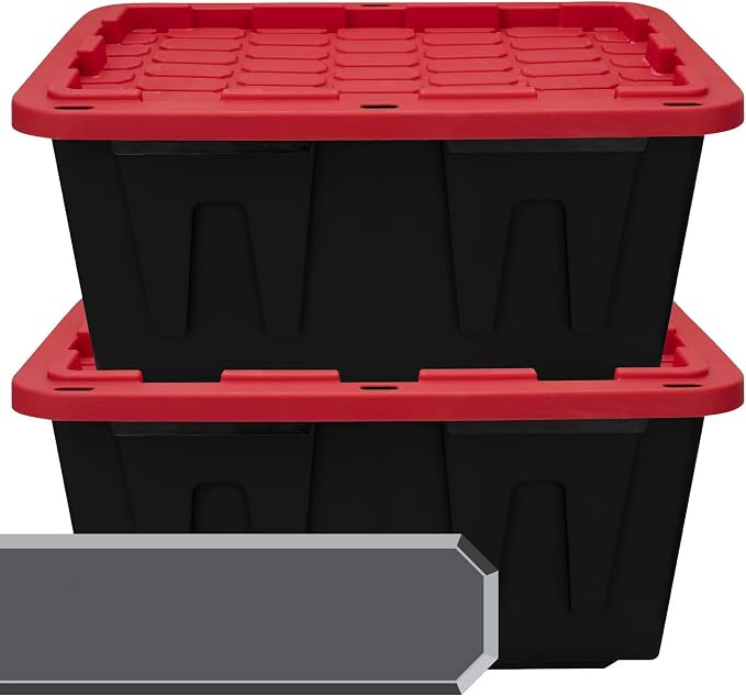 27-Gallon Storage Bin (2-Pack), Large Plastic Storage Container with Secure Snap-On Lid, Tote for Industrial and Home Organization, Black with Red Lid