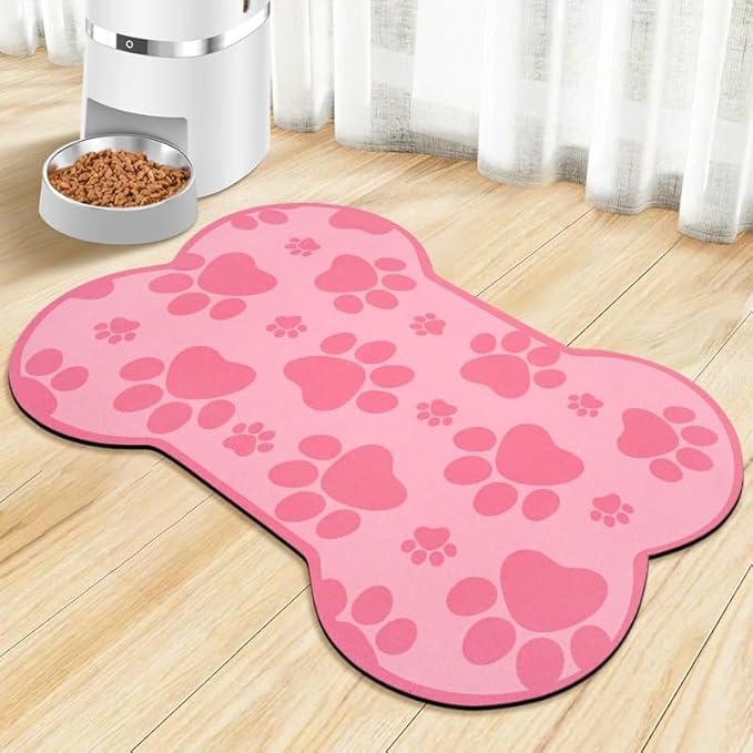 Dog Food Mats for Floors Waterproof, Pet Feeding Absorbent Water Bowl Mat Cat Placemats Pink Bone Shape 25.5 * 17 inch