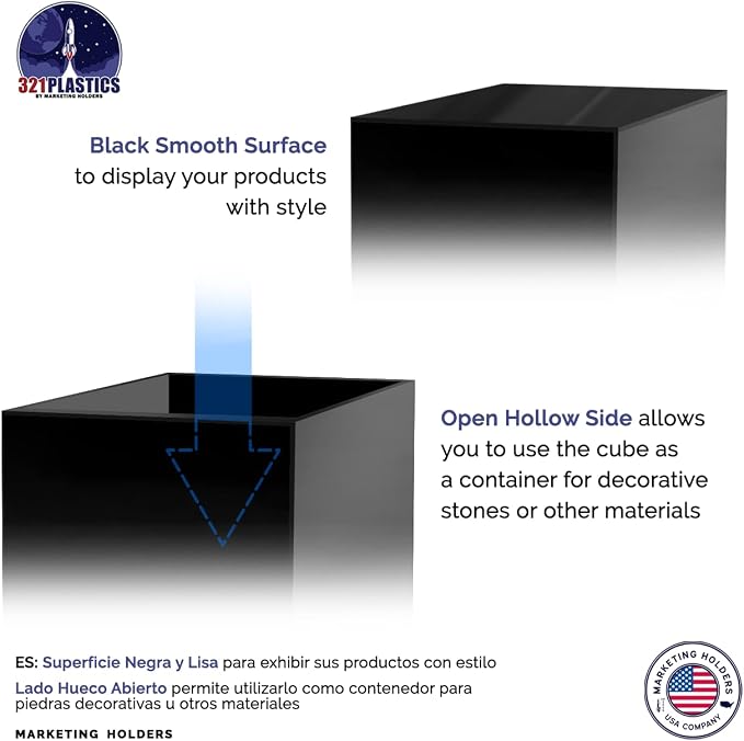 9" Acrylic Display Riser Box with One Open Side No Lid Versatile Glossy Black Square Retail Merchandise Storage Bin or Product Platform by Marketing Holders