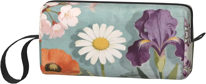 Spring Floral Garden Makeup Bag for Women with Wrist Strap | Durable 600D Oxford Fabric Cosmetic Organizer,Compact Travel Pouch with Handle for Gym & Daily Use