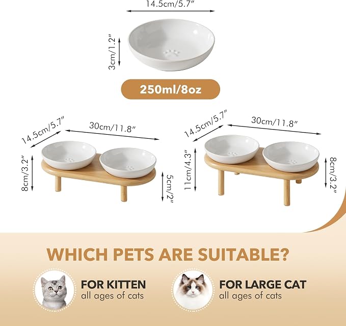 Havniva Elevated Cat Bowls, Ceramic Cat Bowl with Bamboo Stand Wide Opening | 5.7” Raised Cat Food Bowls, Whisker Friendly Cat Dish, Anti-Slip Cat Water Bowls, Shallow Cat Bowls, Cat Food & Water Bowl