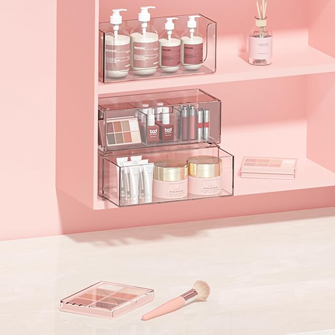 Bathroom Drawer Organizer Stackable Storage Drawers Clear Plastic Storage Bins Medicine Cabinet Organizer Makeup Organizers w Removable Divider Home Workspace Office Desktop Vanity Gift Idea 3Pack