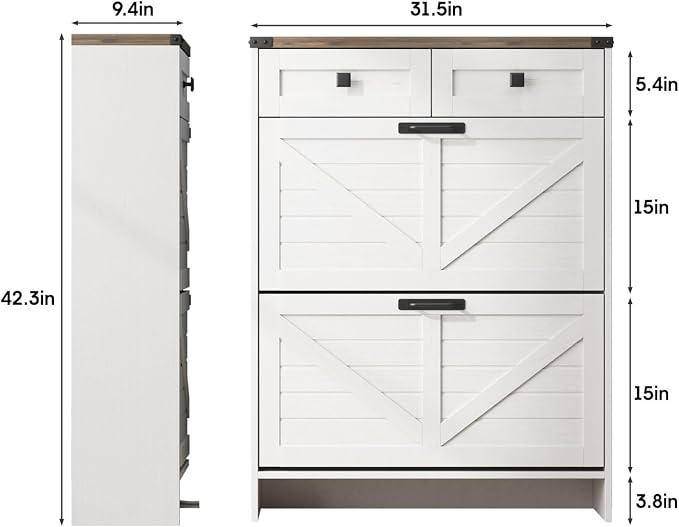Halitaa Shoe Cabinet with 2 Flip Drawers & 2 Drawers,Farmhouse Shoe Storage Cabinet for Entryway,Slim Freestanding Narrow Organizer Rack for Front Door Entrance,White
