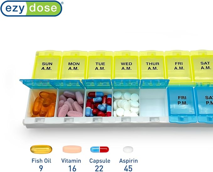 Ezy Dose Weekly (7-Day) AM/PM Pill Organizer, 2XL Planner, Blue/Yellow | Daily Medicine, Vitamin & Supplement Case, 2 Times a Day Pop-Up Compartments, Arthritis-Friendly, Travel-Friendly, BPA-Free