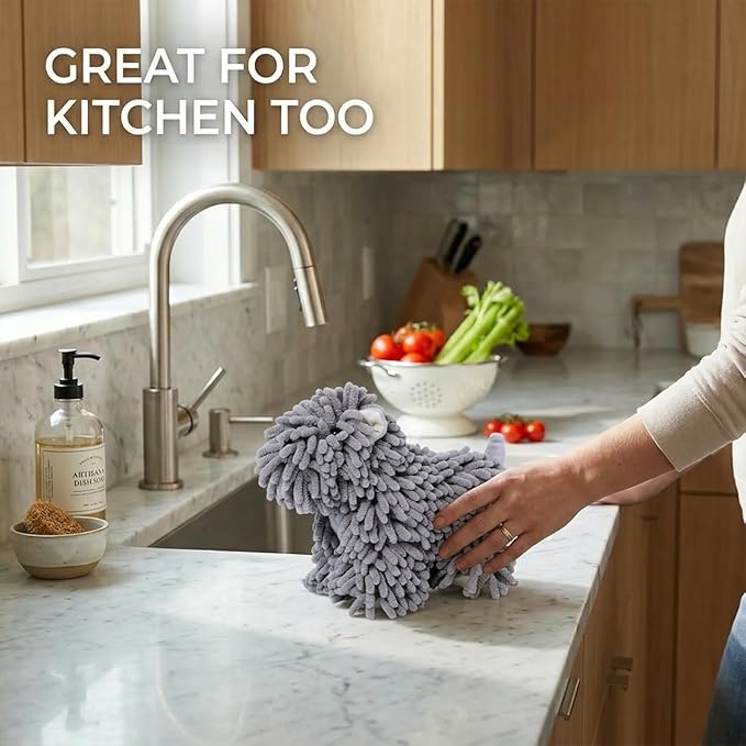 Cute Dog Chenille Hand Towel, 3D Fuzzy Puppy Hangable Ball Hand Towel Microfiber Super Soft Absorbent Bathroom & Kitchen Towels with Hanging Loop, Can Be Placed on the Sink Countertop (Gray)