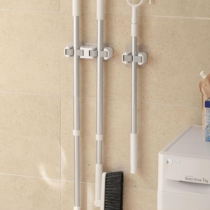 Broom Holder Wall Mount Self Adhesive, No-Drill Mop Grip Organizer for Home | Thick silicone loops stop slipping & scratching on mops, brooms, umbrellas.(Single+double)